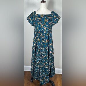 Natural Life Sz S Berkley Corduroy Teal Blue Square Neck Short Sleeve Maxi Dress